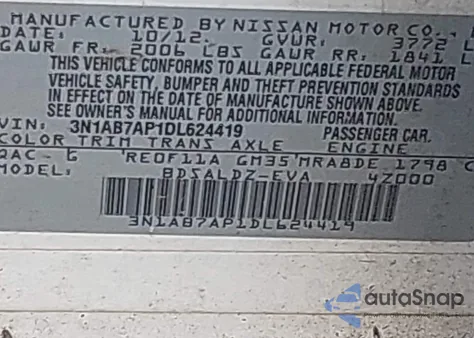 2013 Nissan Sentra Sv z USA, uszkodzony, nr VIN 3N1AB7AP1DL624419